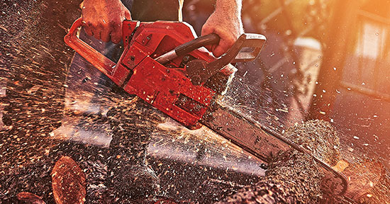 man using chainsaw to cut fallen branches from trimming and removing tree